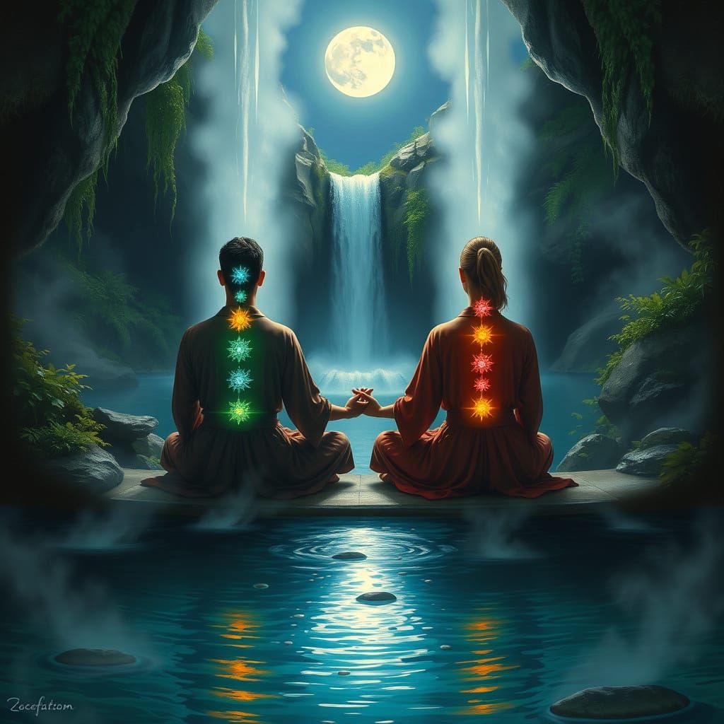 Mystical Twin Flames Merge in Moonlit Grotto