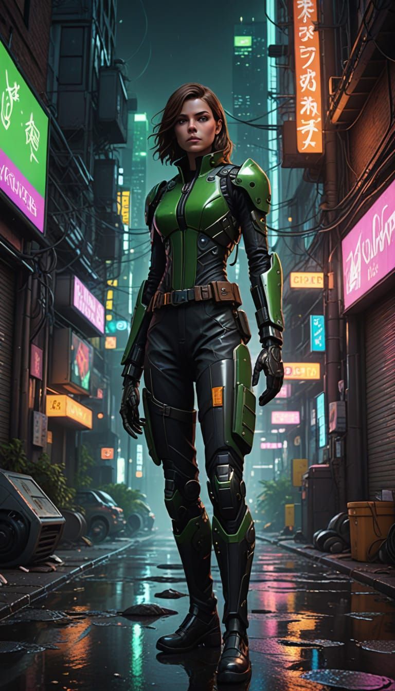 Fearless Huntress in Neon Alleyway, Anime-Style Digital Art