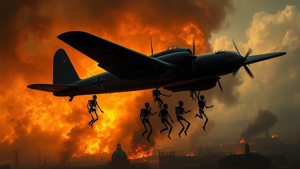 German Bomber Drops Skeletons Over Burning City