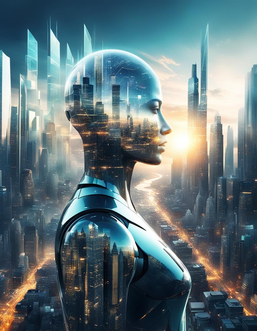 Futuristic City and AI Head Double Exposure