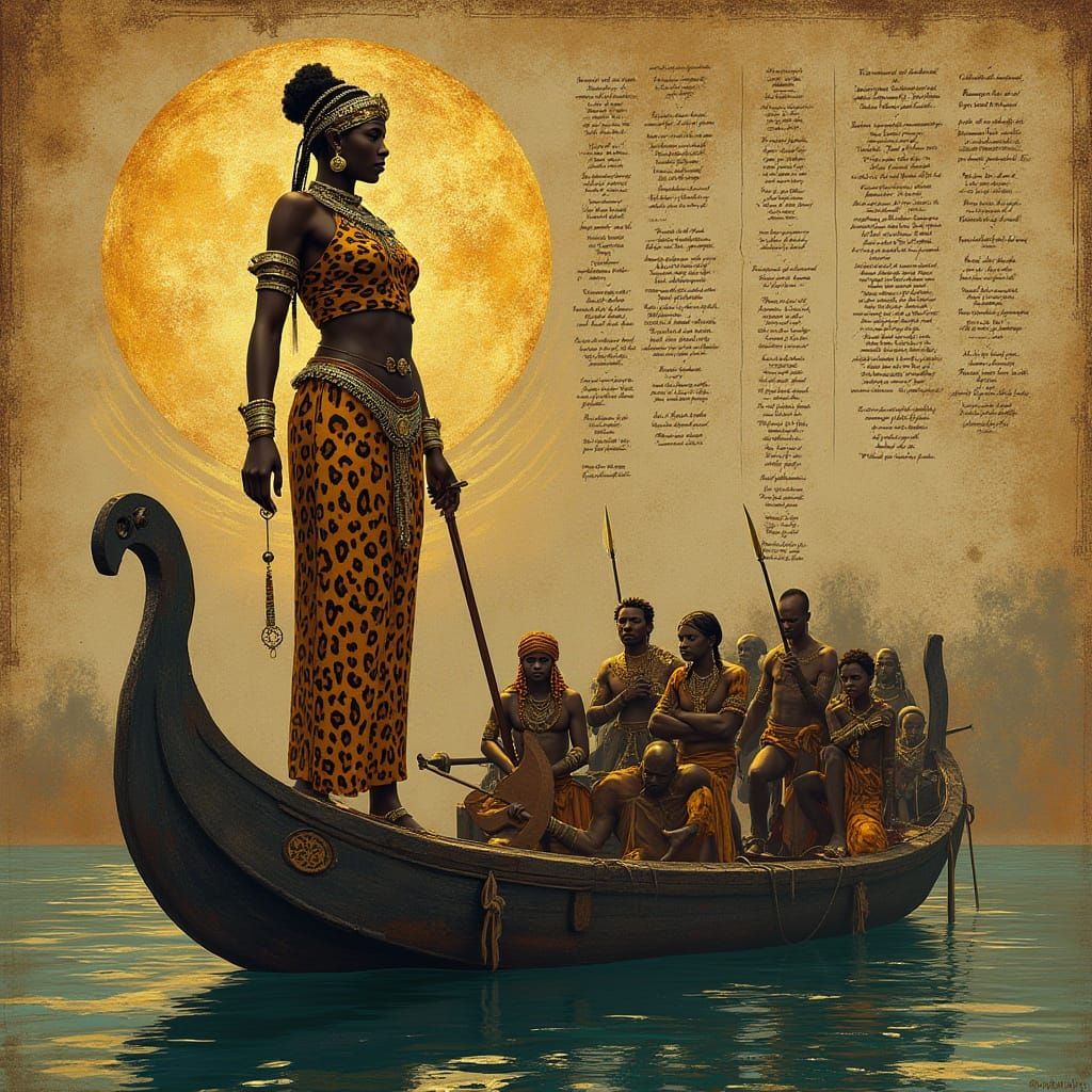 African Queen on River in Klimt-Inspired Fantasy Art