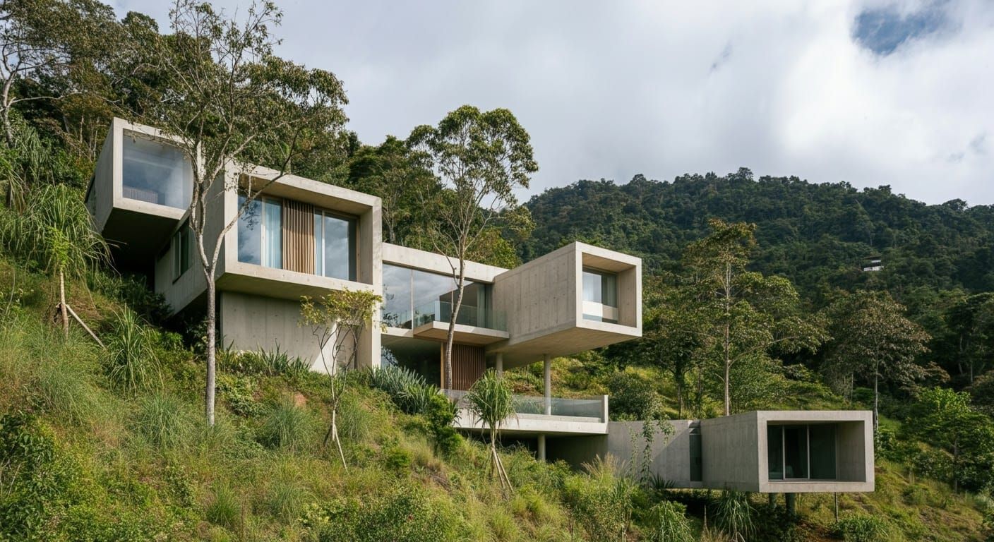 Modern Concrete and Glass House Amidst a Lush Green Hillside