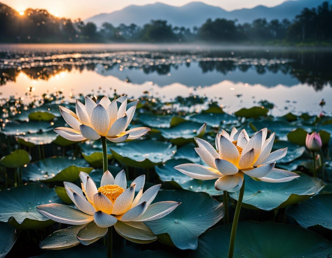 Sunrise Lake with Lotus Flowers in Vivid Detail