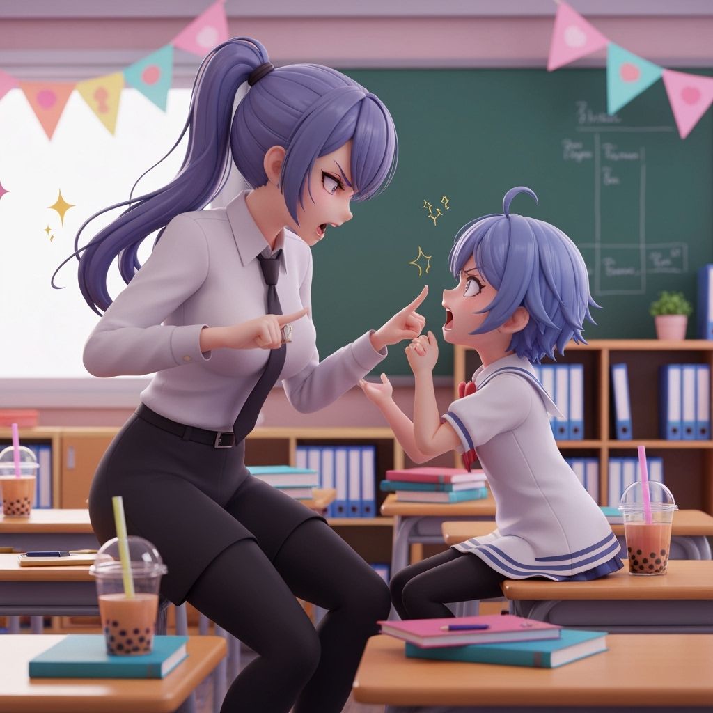 Playful Banter in a Colorful Classroom: 3D Anime Art