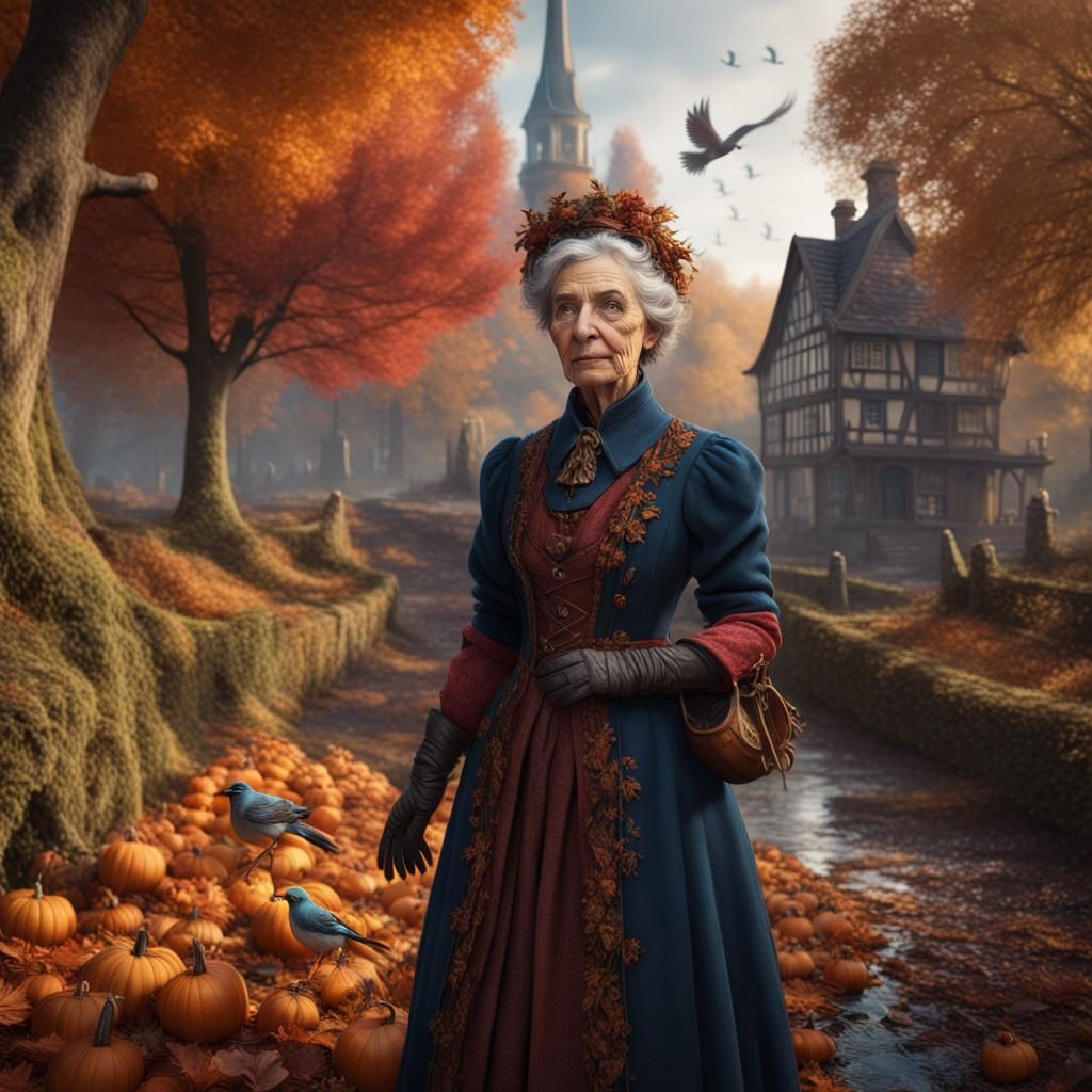 Autumn Scene: Old Woman Feeding Birds