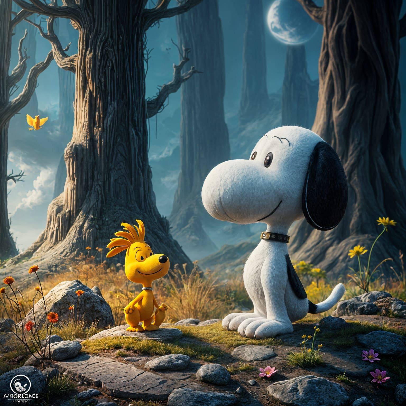 Fantastical Snoopy and Woodstock in Vibrant, Detailed Landsc...