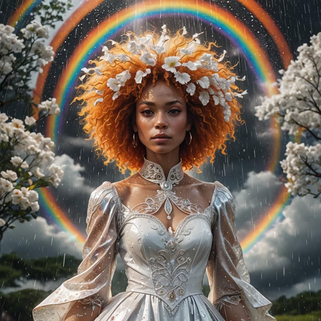 Woman in White Dress on Rainy Day: Cosmic Illustration