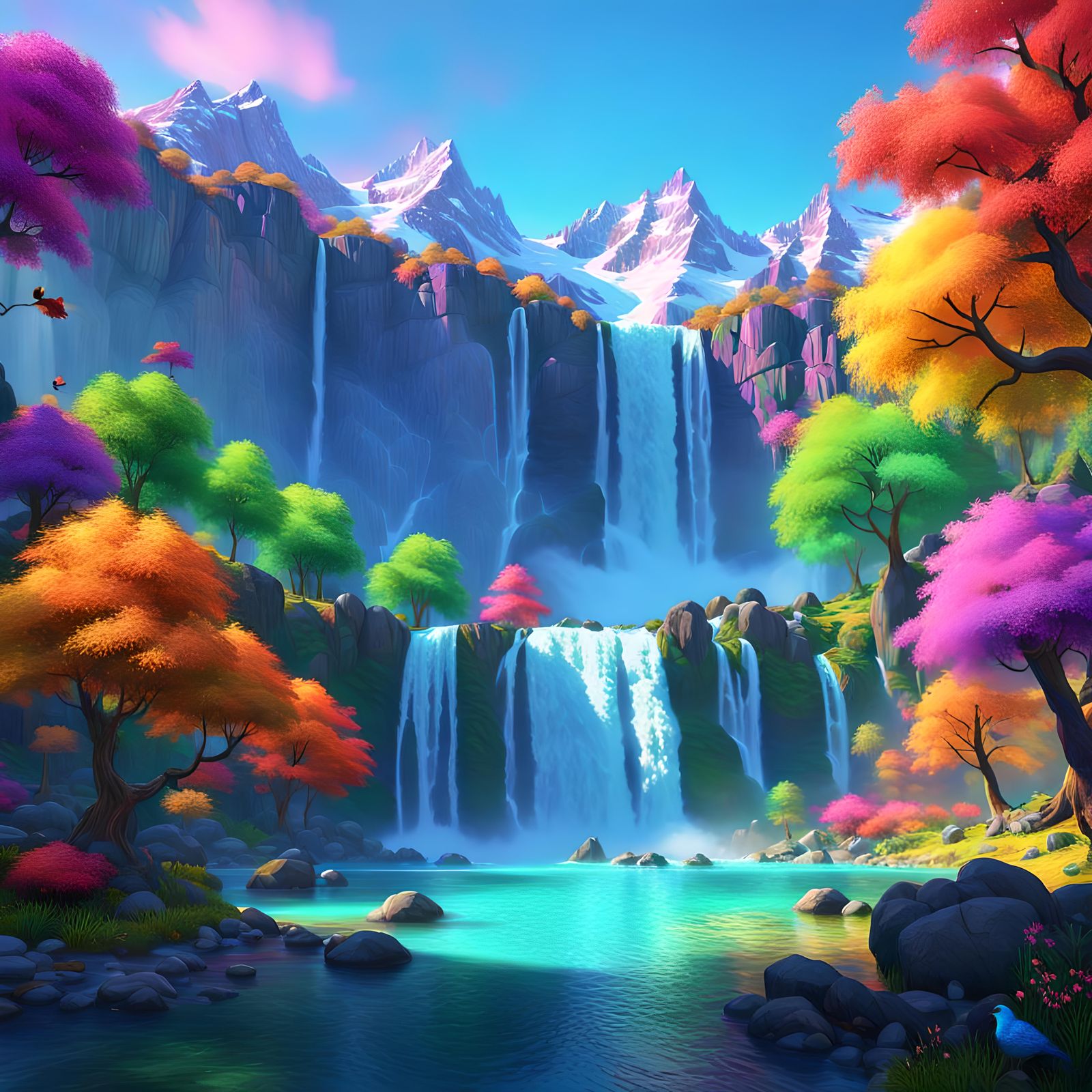 Iridescent Waterfall Landscape in Synthwave Style