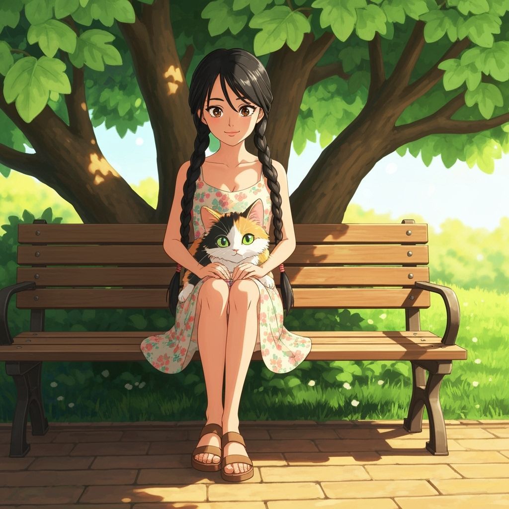 Anime Style: Girl with Cat on Park Bench