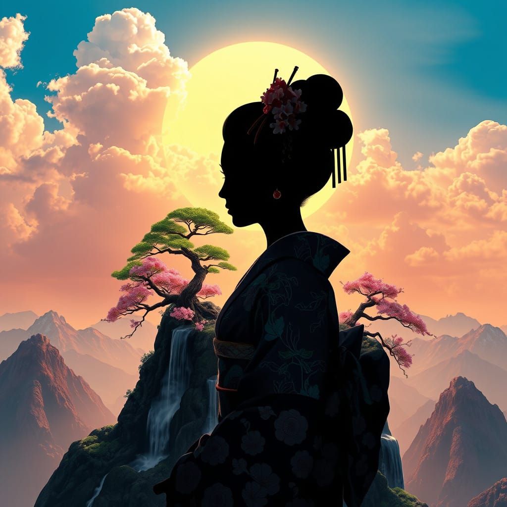 Surreal Silhouette Geisha Embodies Serene Japanese Mountains...