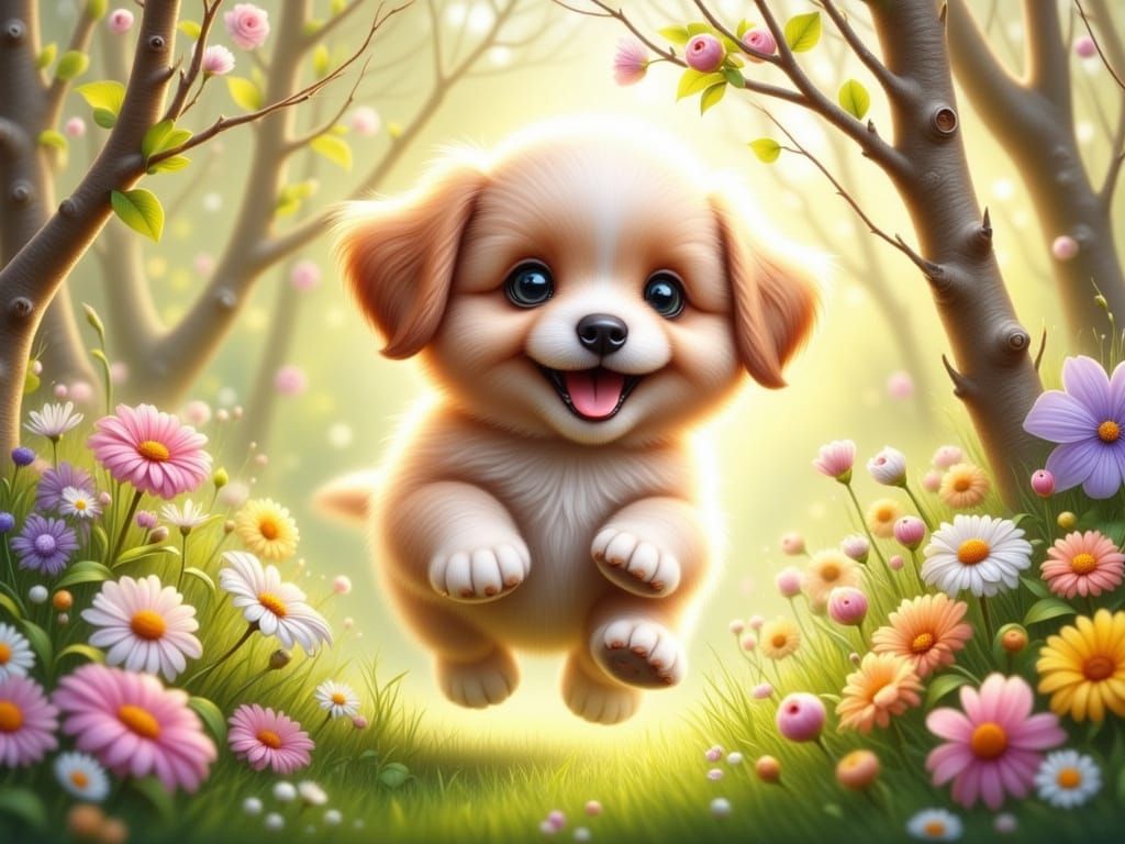 Joyful Puppy Leaps in Vibrant Spring Garden