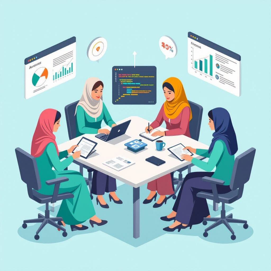 Afghan Women Collaborating in Digital Workspace Flat Design
