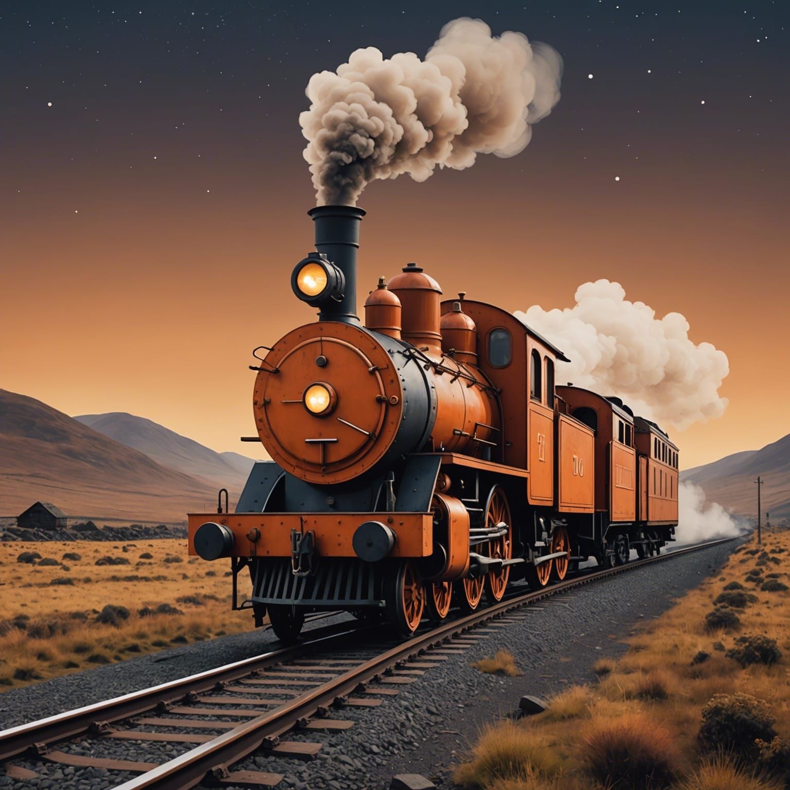 Cartoon Train Sings Under Night Sky, Minimalist Illustration
