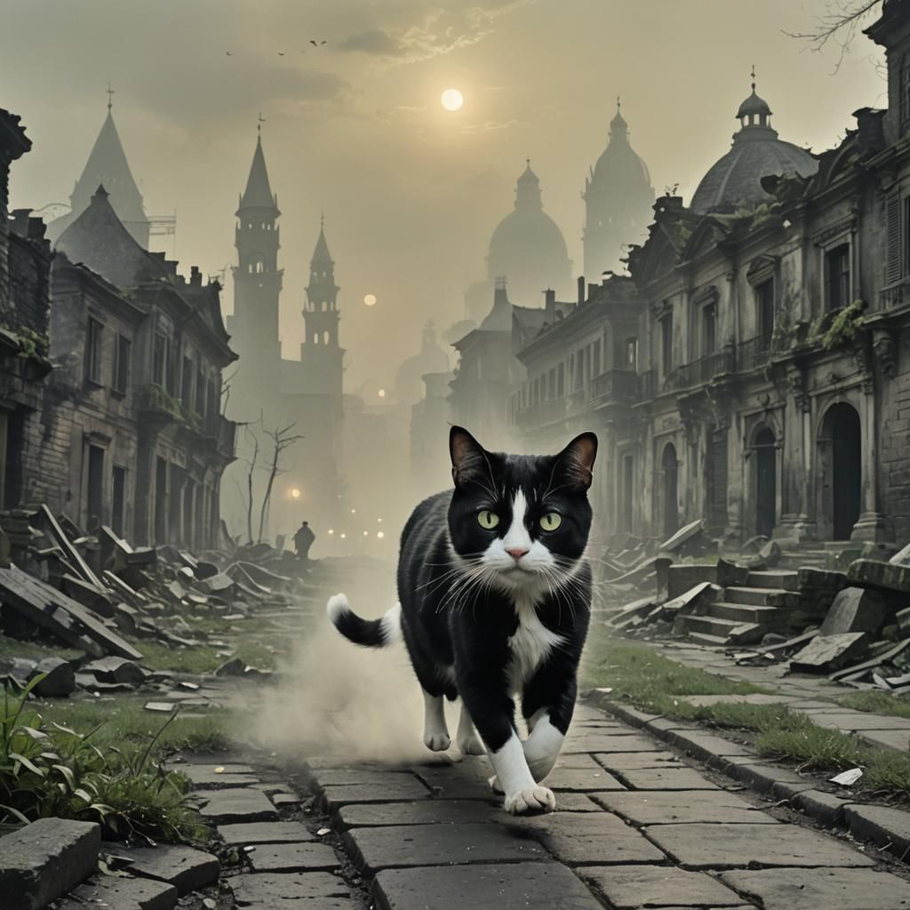 Tuxedo Cat in Ancient City Ruins Digital Painting