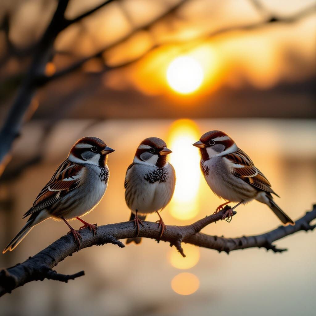 Three Sparrows at Golden Hour Sunset