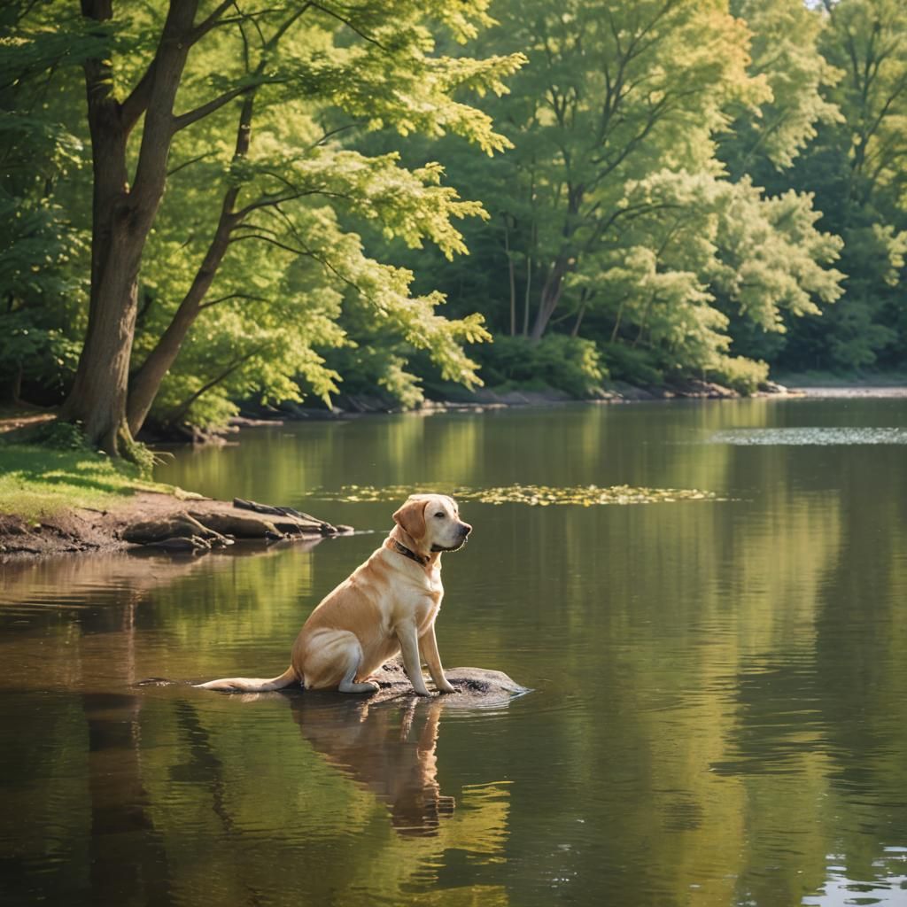 Golden Labrador by Lake in Hudson River Style