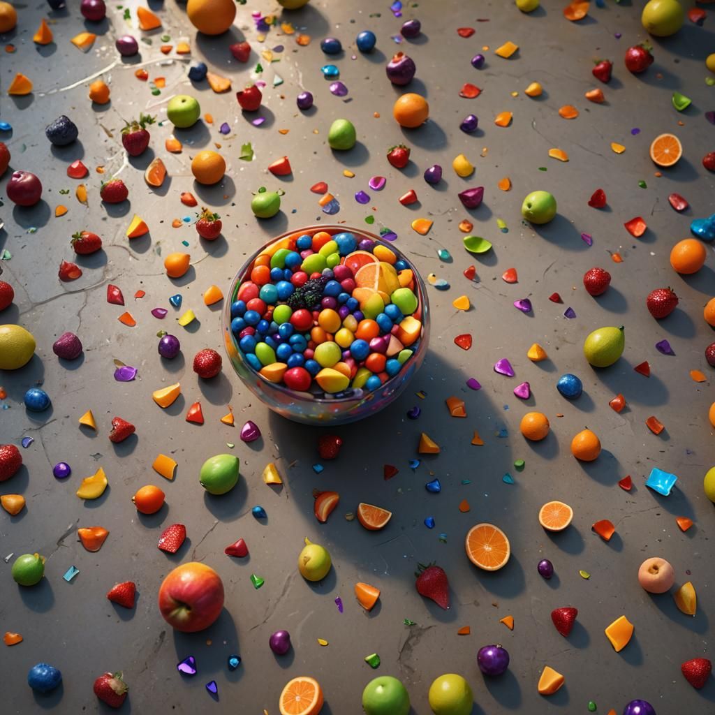 Rainbow Fruit Bowl Shatters: Hyper-Realistic Digital Art