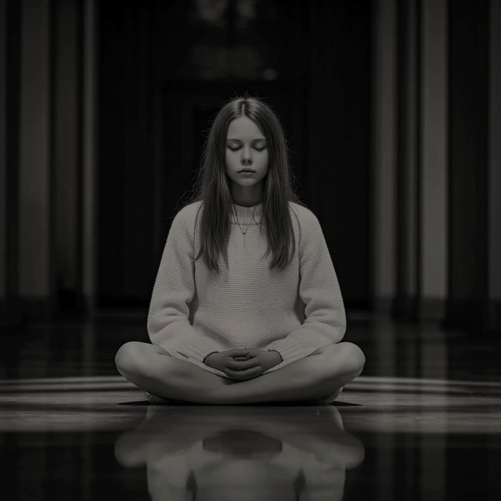 Meditative Girl in Reflective Hall: Black and White Photo