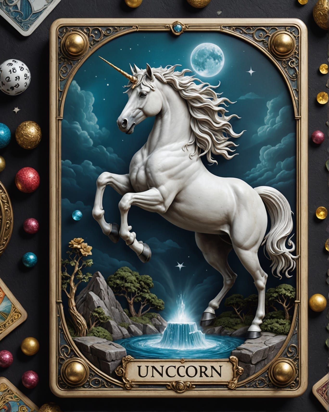 Magic Unicorn Tarot Card in Hyperrealistic 3D Relief