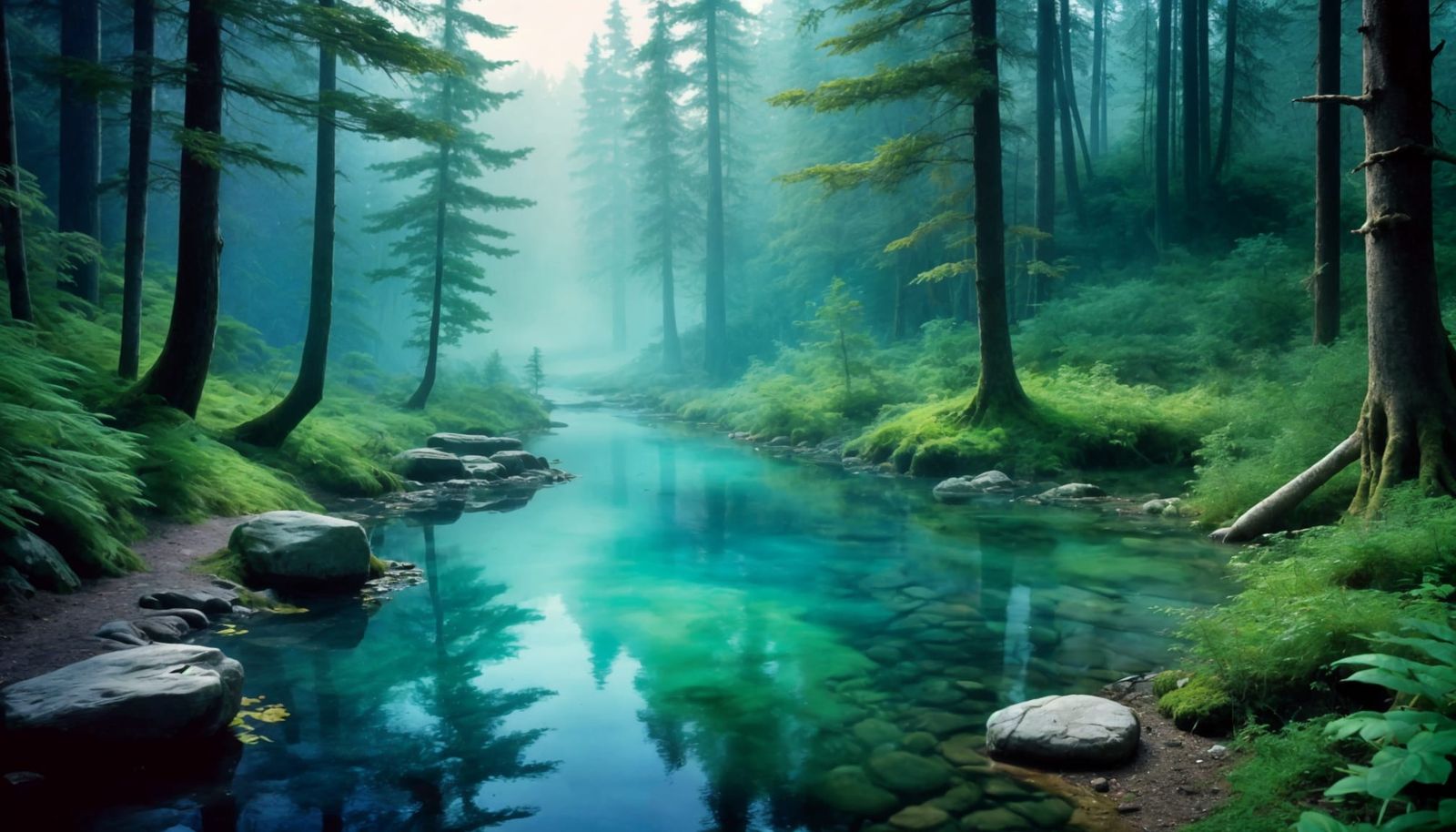 Forest bathing: hot pond in foggy forest.