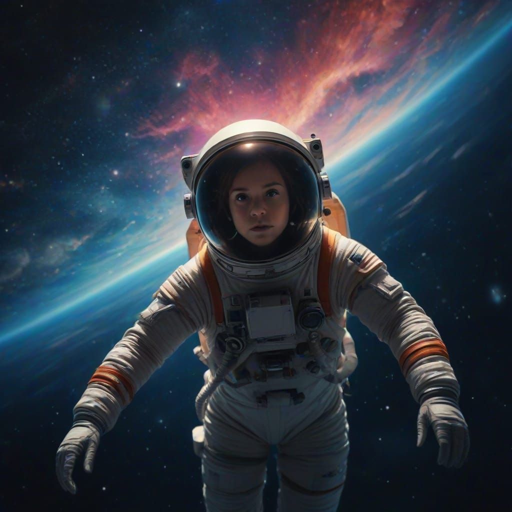 Girl Astronaut Reaches For Cosmic Geometric Shape