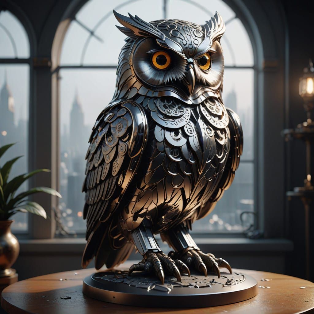 Cyberpunk Owl Sculpture in Metallic Terracotta