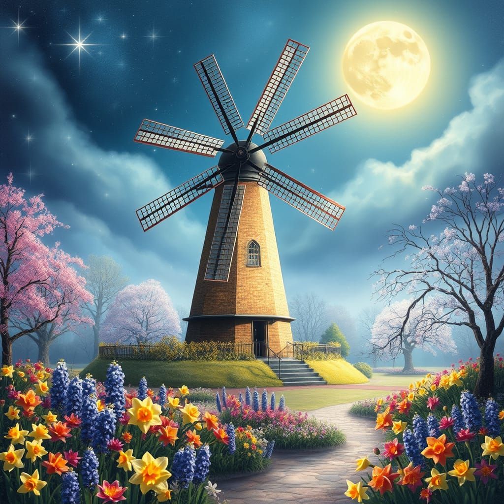 Whimsical Windmill in Vibrant Spring Garden Scene