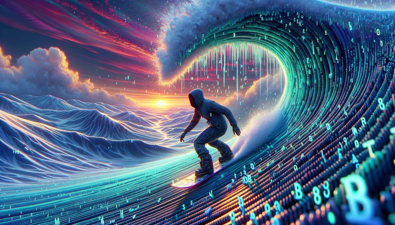 Cyberpunk Snowboarder Rides ASCII Wave in Digital Sunset