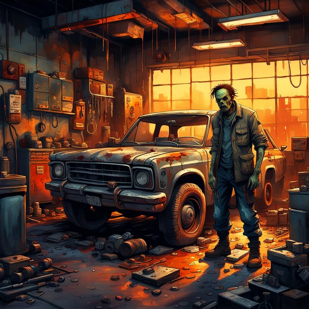 Zombie in Auto Repair Shop: Post-Apocalyptic Concept Art