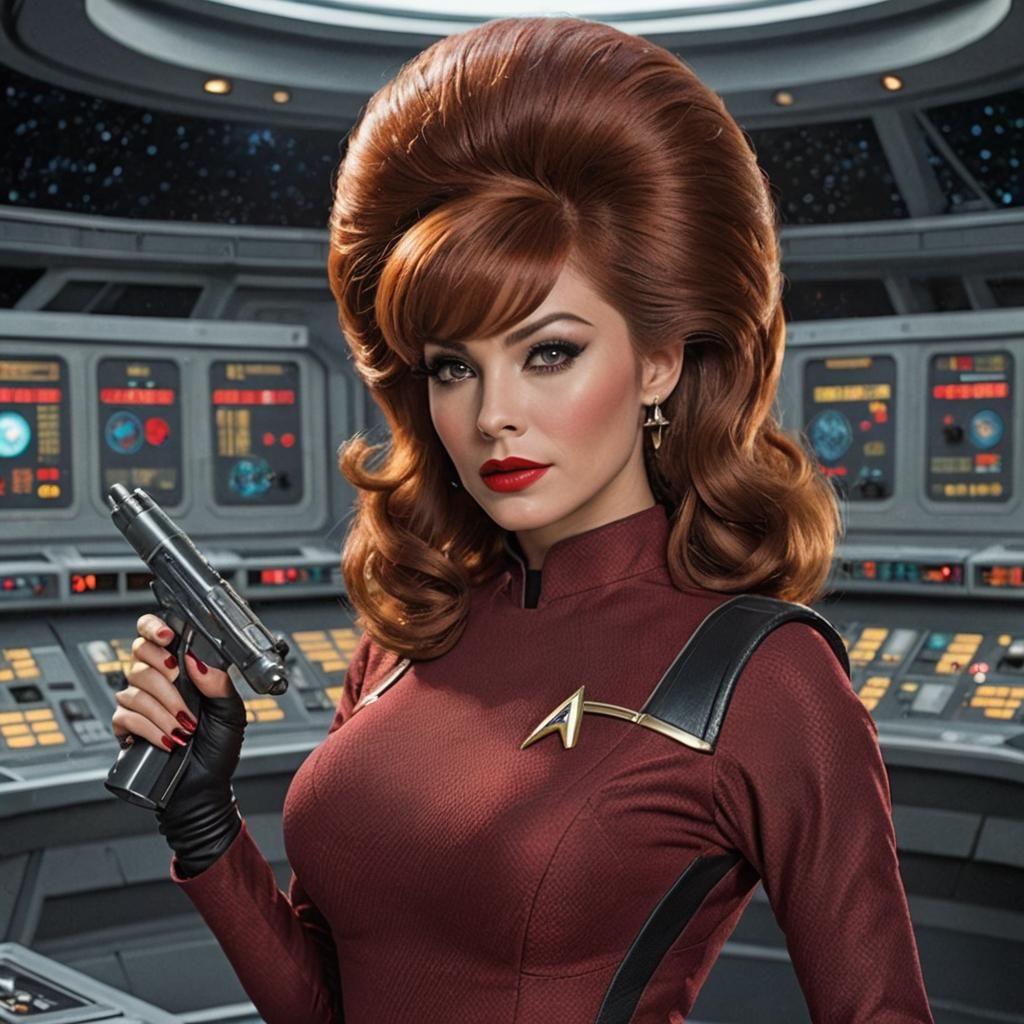 26 year old female, voluminous auburn beehive hairstyle, black eyeshadow, red lipstick, classic Star Trek uniform, holdi...
