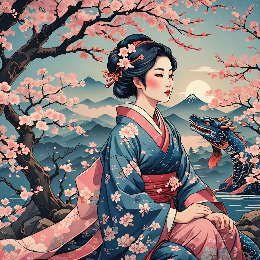 Girl Kisses Dragon in Ukiyo-e Style