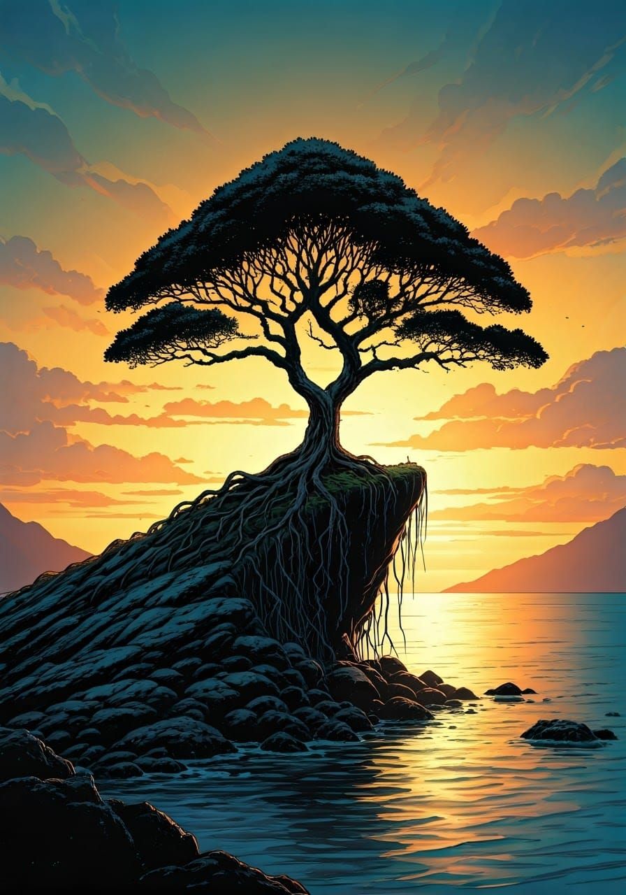 Lone Tree Silhouette at Sunset: Comic Book Art