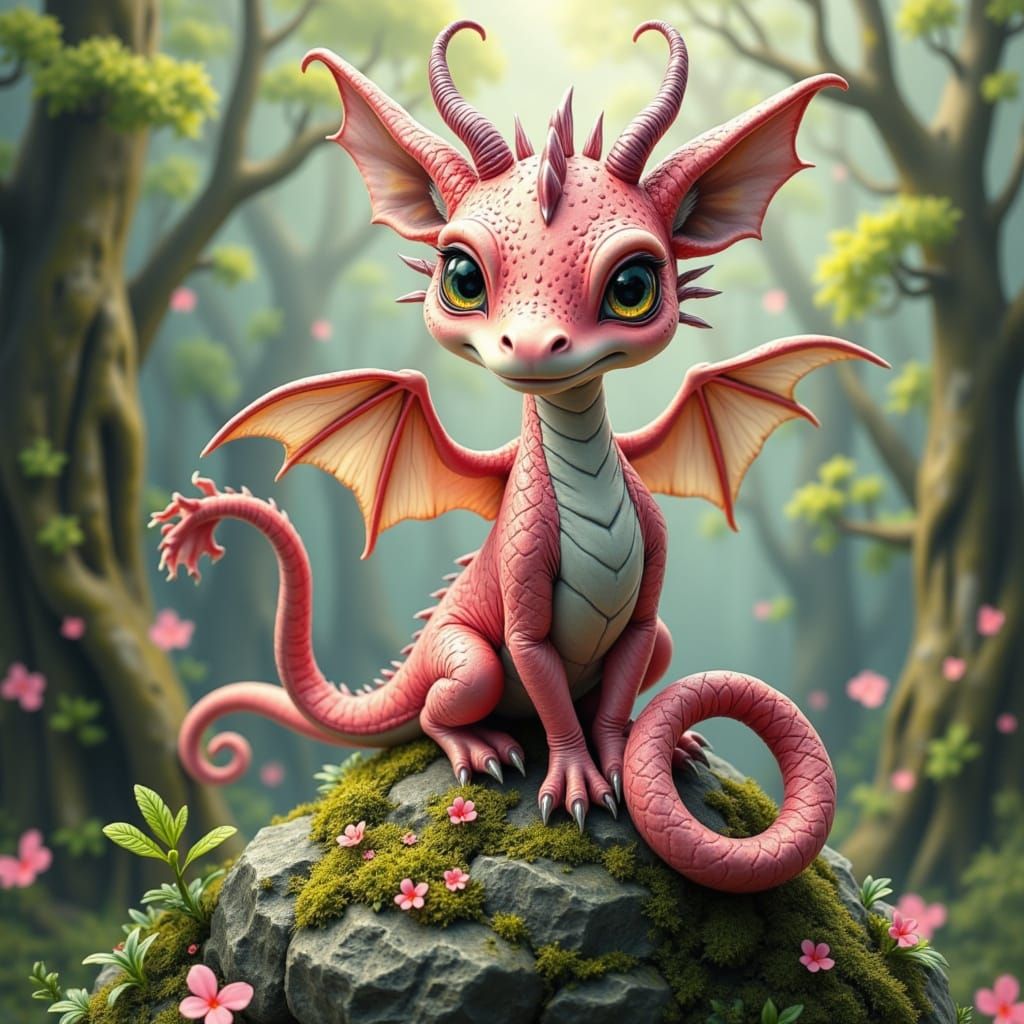 Whimsical Pink Dragon in Enchanted Forest