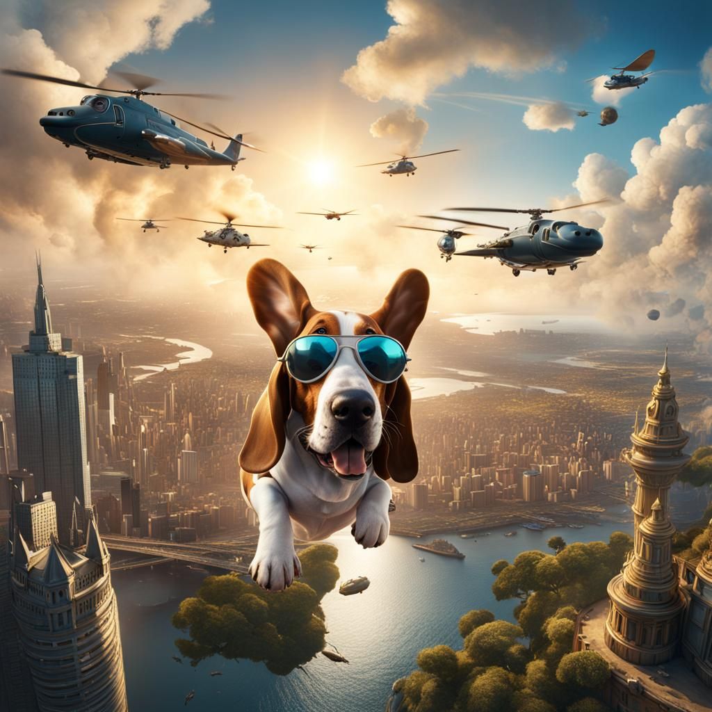 Basset Hound Aviator Soaring Above City with Hippos