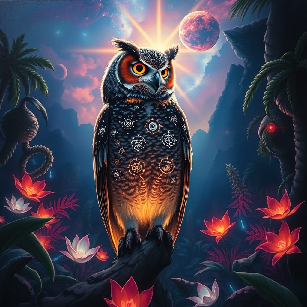 Majestic Owl in Alien Jungle at Twilight