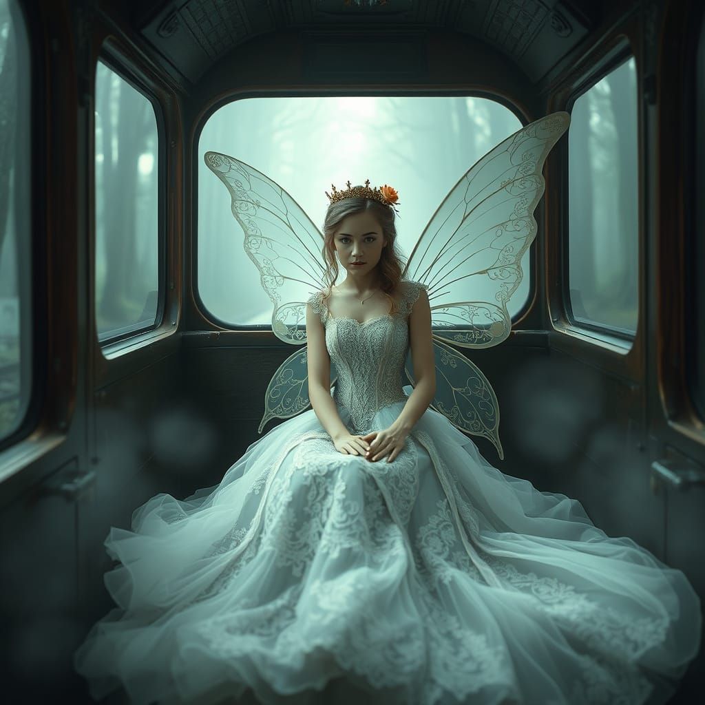 Fairy in Vintage Train Amidst Misty Forest