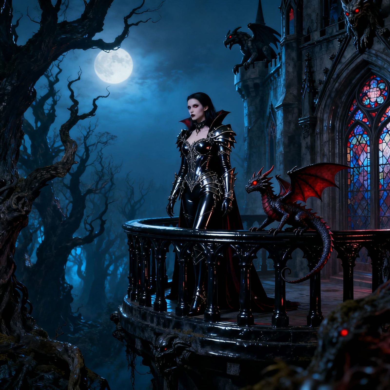 Vampire Princess in Gothic Latex Armor Overlooking Forest