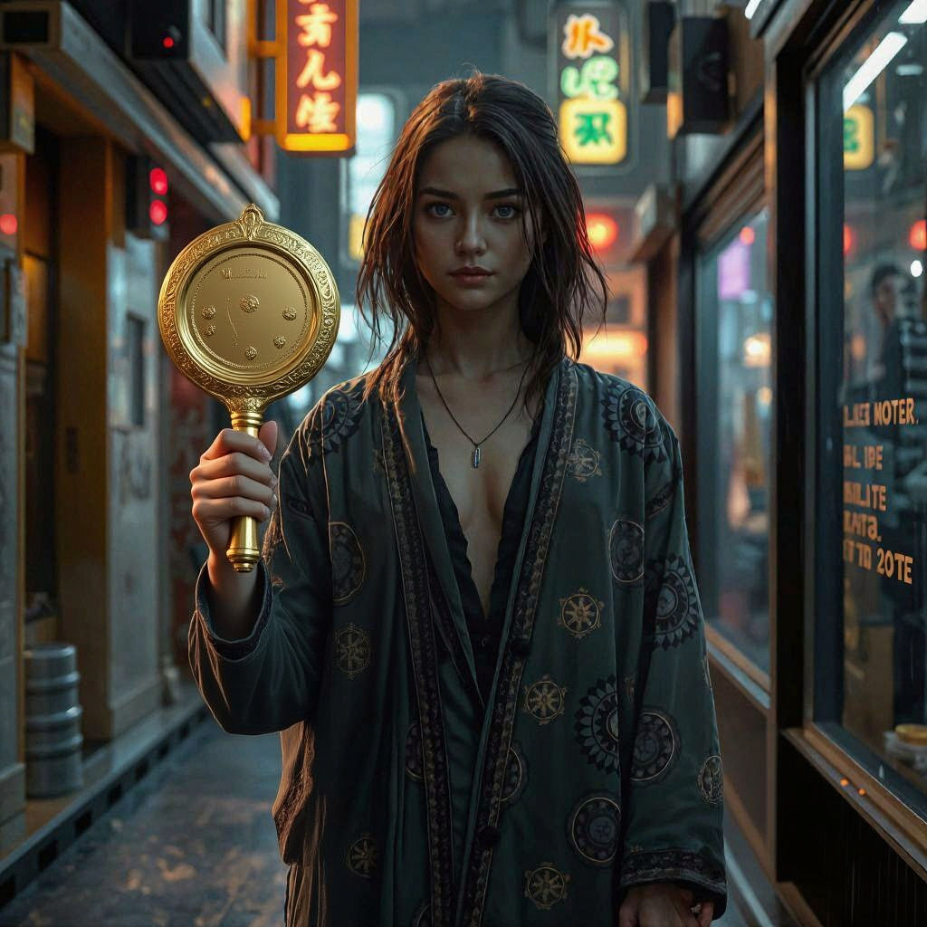 Cyberpunk Woman with Mirror in Rainy Cityscape