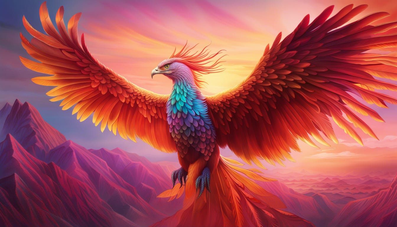 Mystic Phoenix Ascent: serene, vibrant, highly-realistic, detailed, artwork, majestic Phoenix, ascends, against, pastel-...