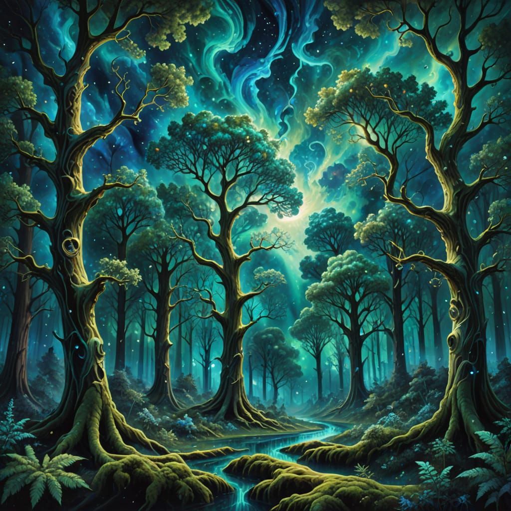 Majestic Forest Nebula Oil Painting with Fractal Art