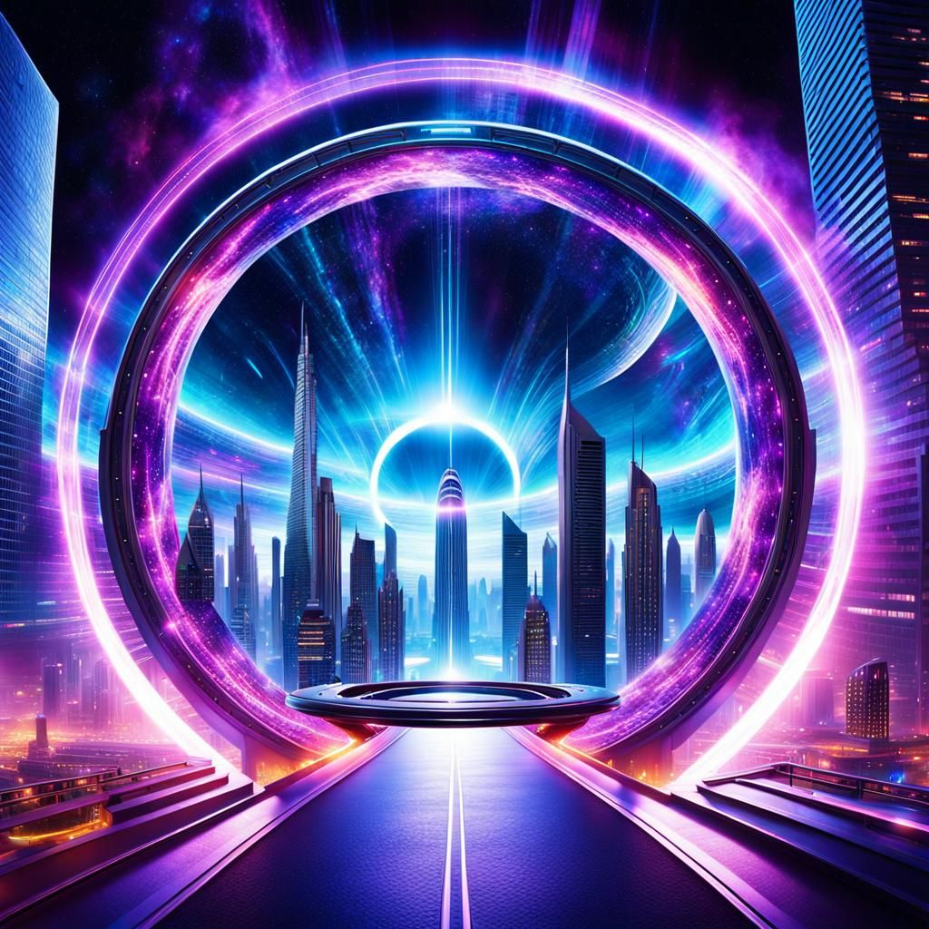 Futuristic Wormhole Portal to Neon City Concept Art