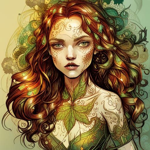 Poison Ivy with Golden Outlines in Graffiti Art Style