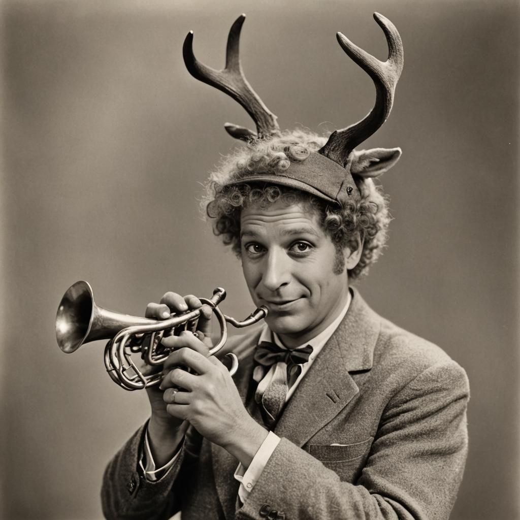 "harpo marx" with his horn, with antlers