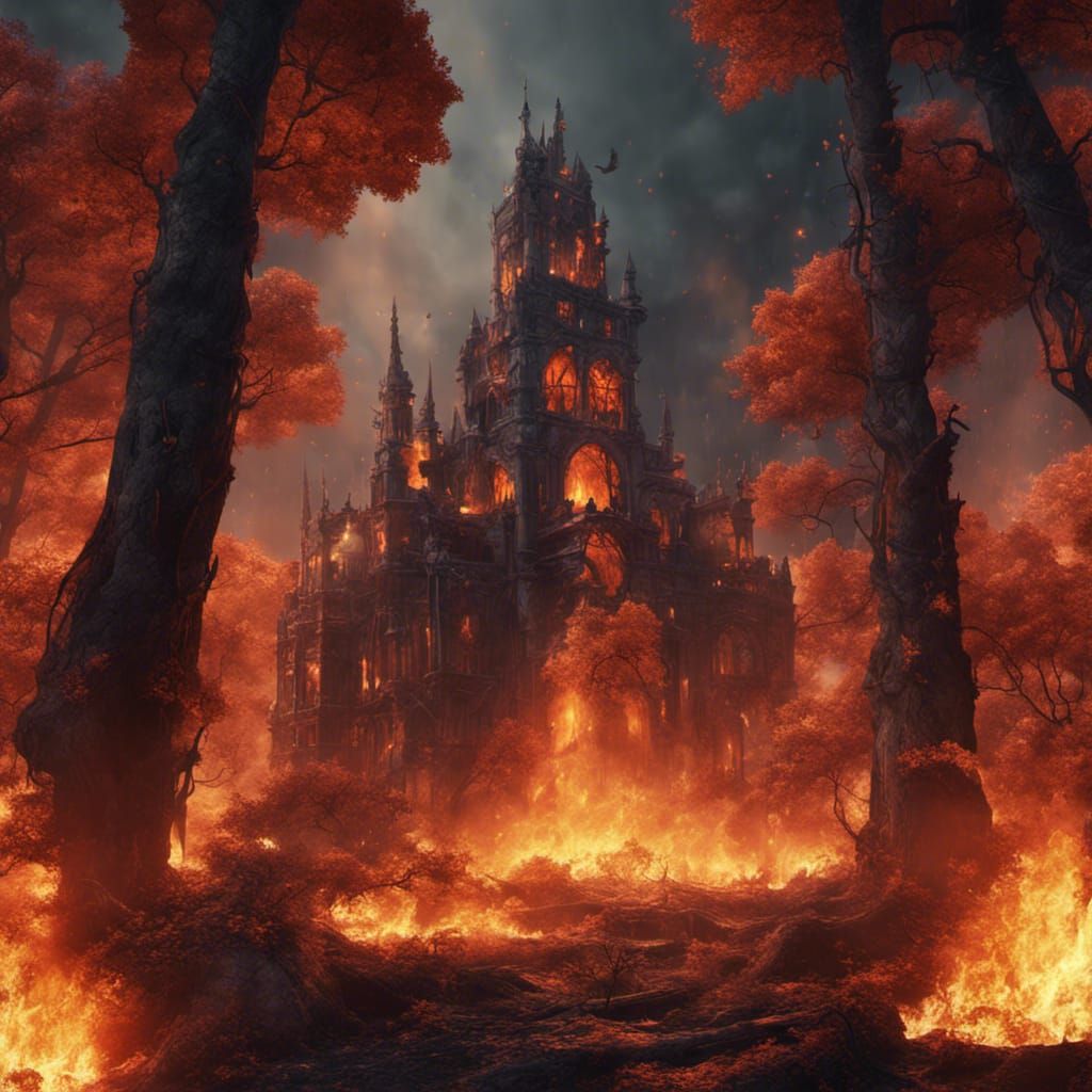 Burning Buildings in Dark Forest, 3D Unreal Engine Art