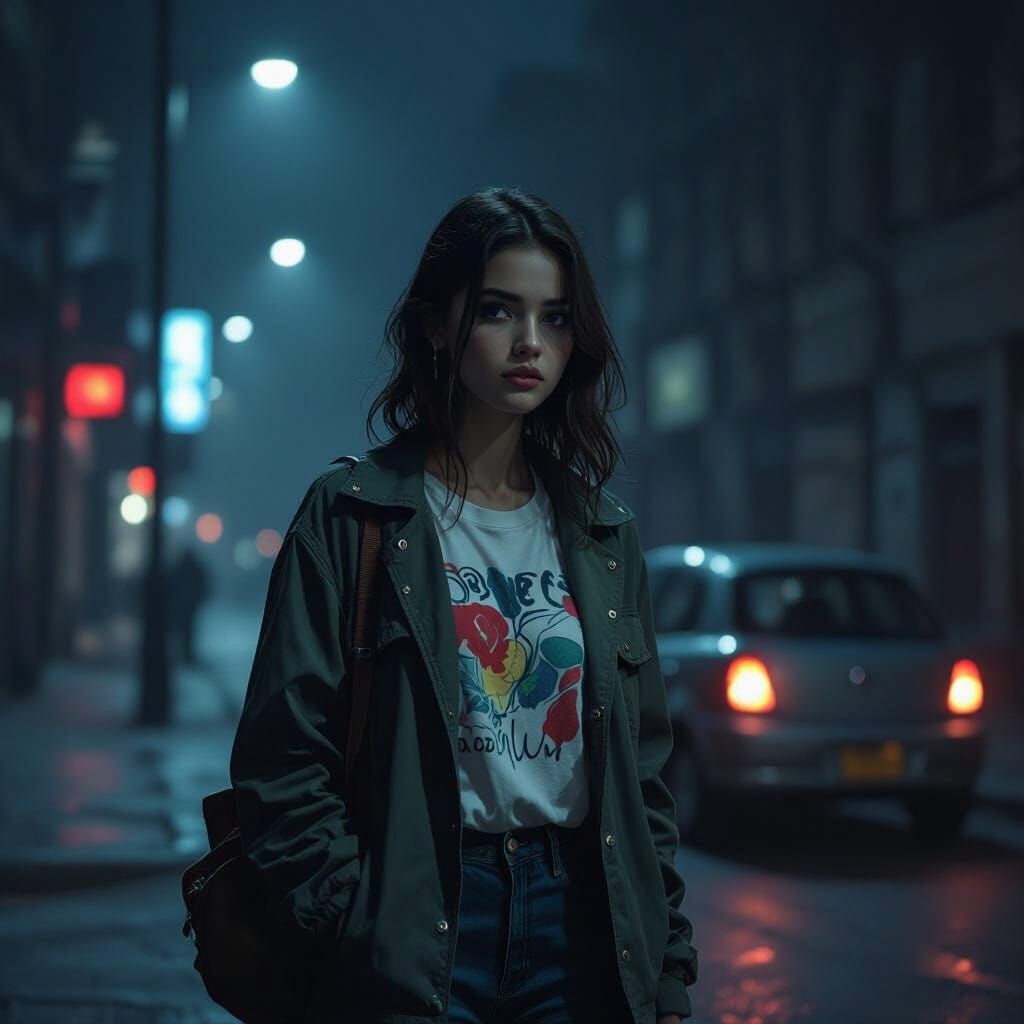 Girl Walks Alone at Night in Moody Lighting