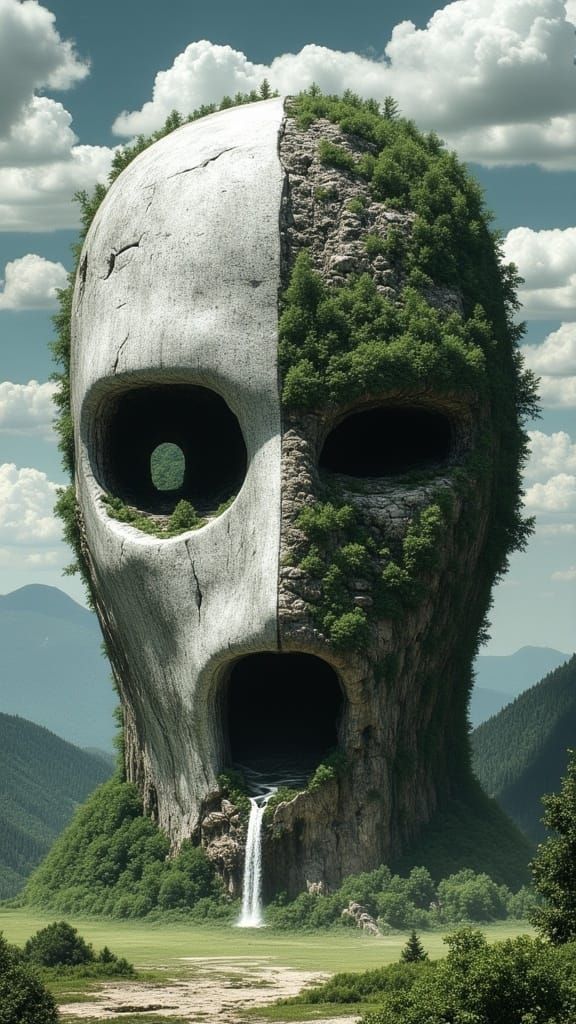 Surrealist Landscape Face with Winter and Summer Realms