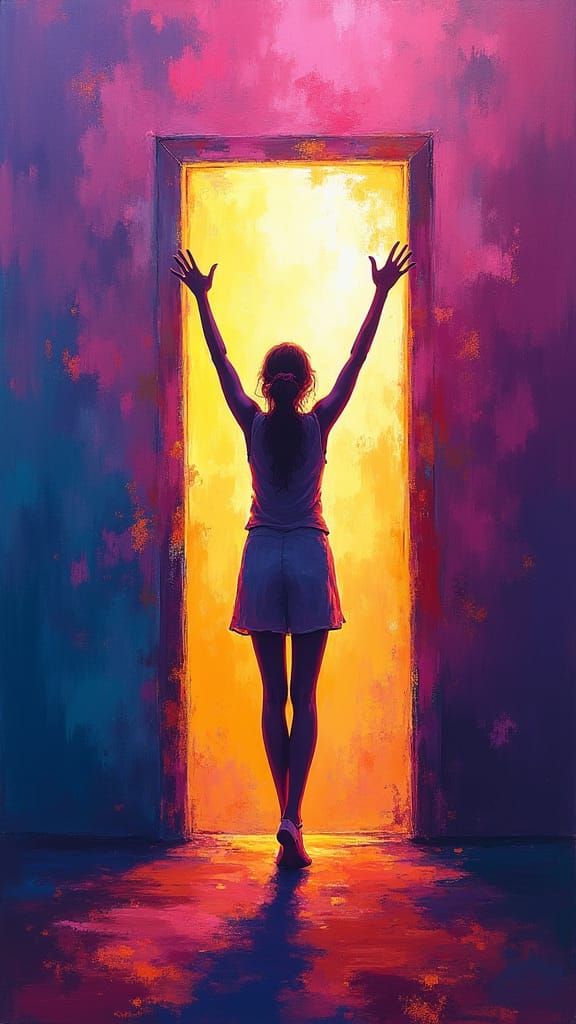 Silhouette Reaching for Radiant Light: A Colorful Transition