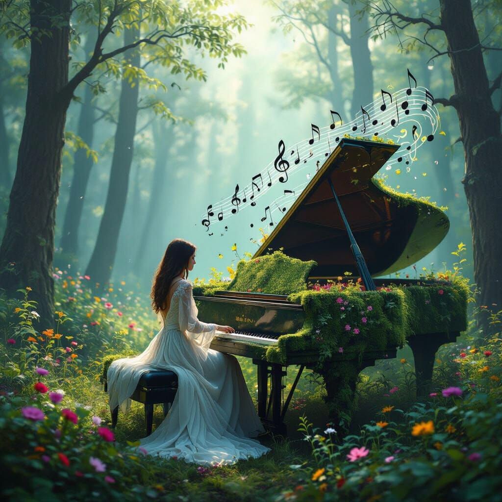 Ethereal Forest Piano Dreamscape in Surreal Style