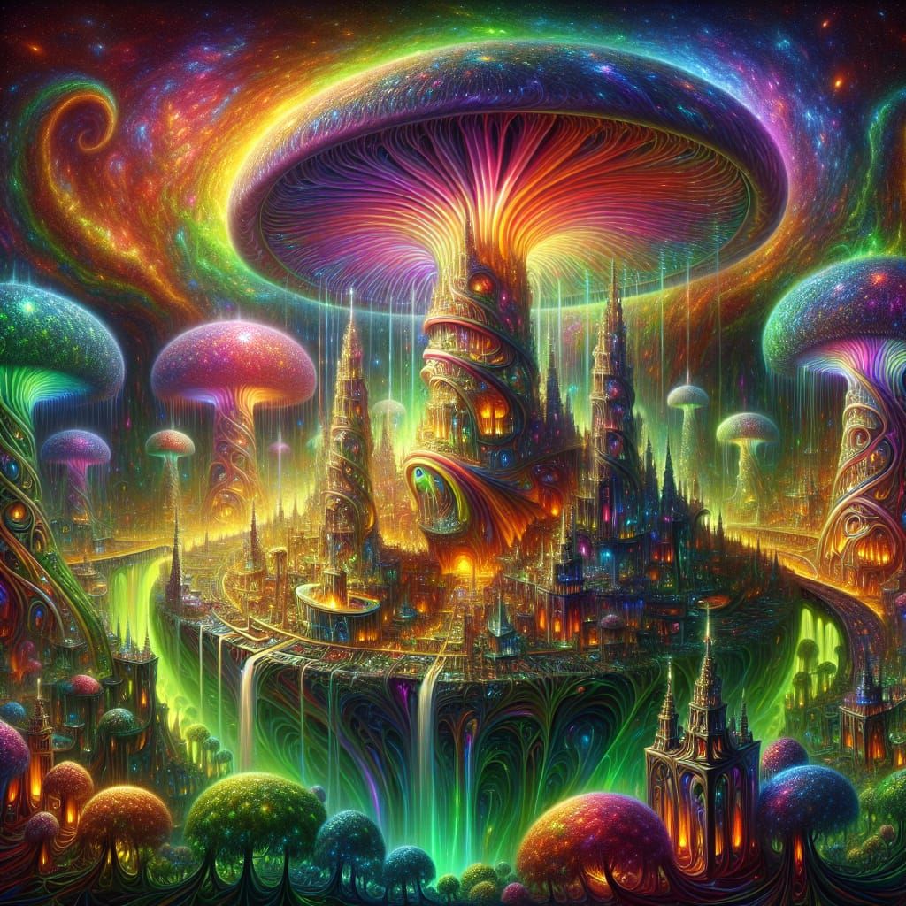 Surreal Cityscape in a Radiant, Iridescent Mushroom