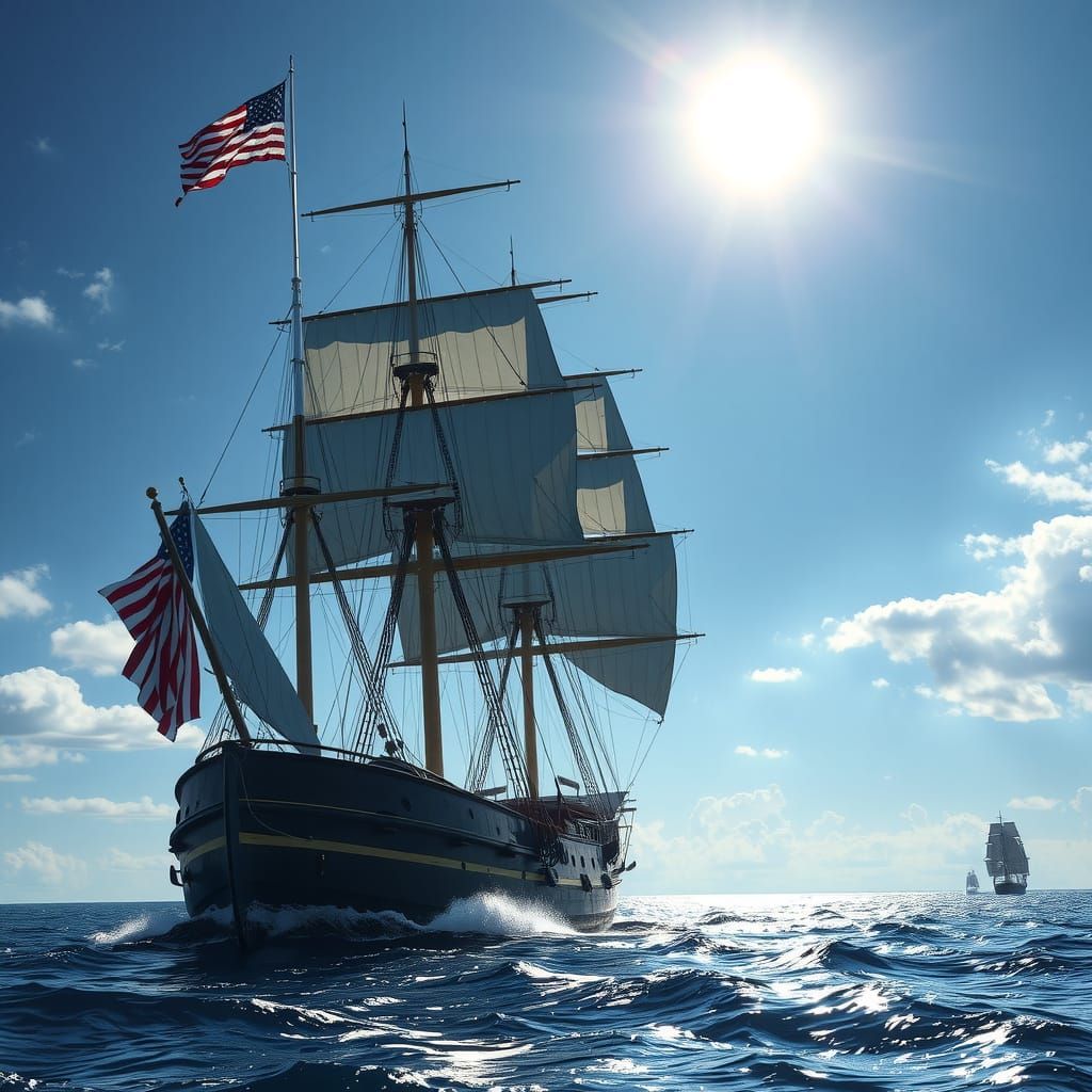 American Sailing Ship Sails Calm Seas Under Vibrant Sunset